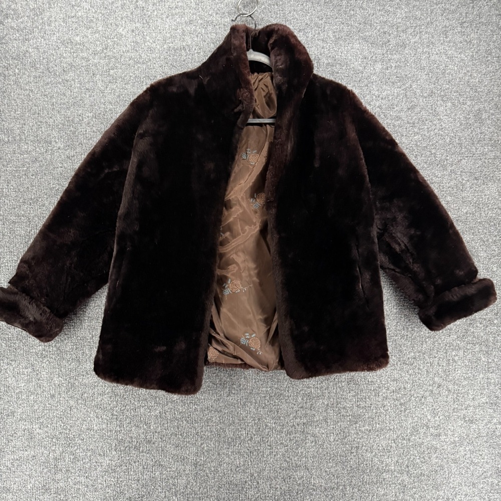 Vintage Chocolate Brown Fur Jacket Union Label‎ Floral Lined Crop Coat Womens S
